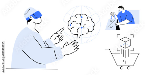 Person using VR headset interacting with digital brain. Smaller image of person holding shopping bags, 3D cube above shopping cart. Ideal for e-commerce, technology, innovation, retail, online