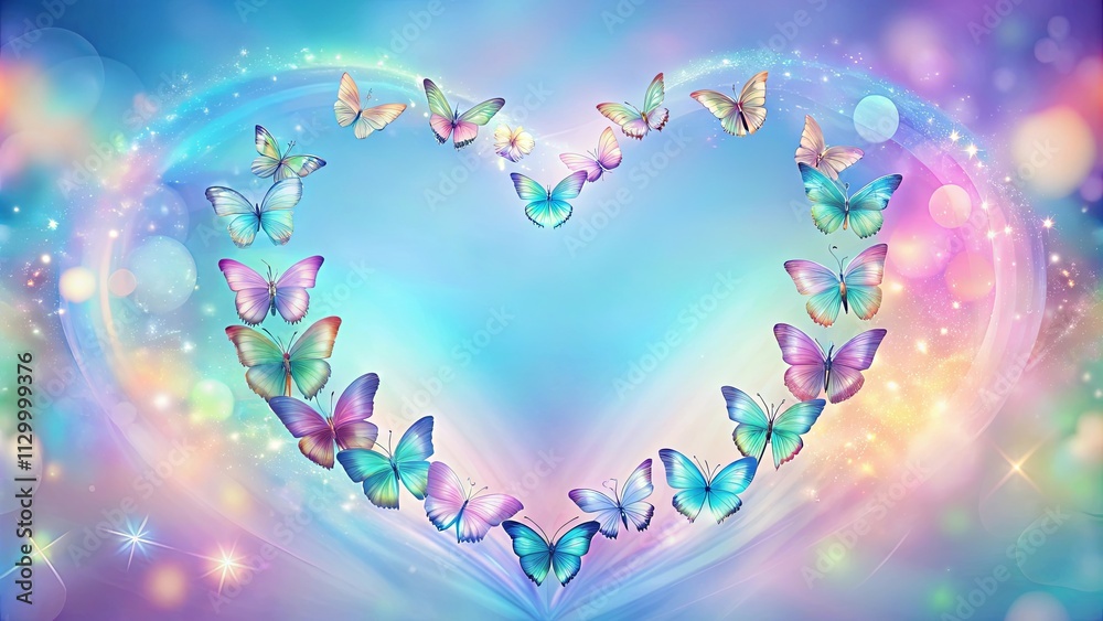Heart-shaped arrangement of iridescent butterflies in a dreamy, pastel-colored sky with sparkling lights Heart-shaped arrangement of iridescent butterflies in a dreamy, pastel-colored sky with sparkling lights
