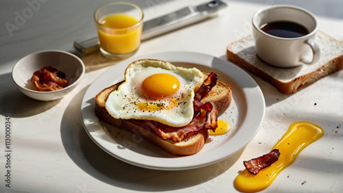 breakfast of sunny side up eggs with sliced ​​bacon and whole wheat toast