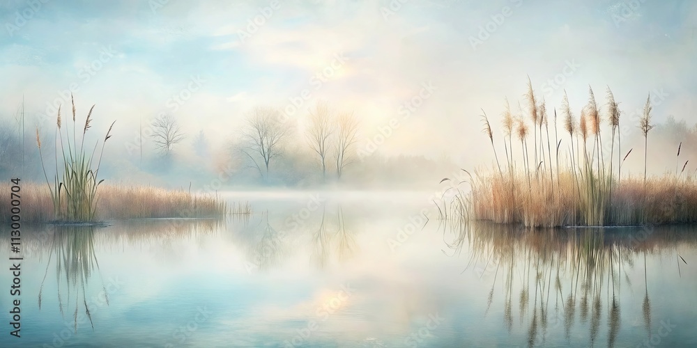 Serene Dawn on Still Water, Misty Reflections of Winter Trees and Reeds Serene Dawn on Still Water, Misty Reflections of Winter Trees and Reeds