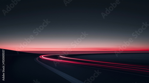 A winding road cuts through a dark landscape, illuminated by a vibrant red streak in the sky.