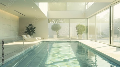 Chic indoor swimming pool with a minimalist design and sunlight streaming in through expansive glass panels