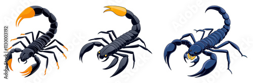 Three stylized scorpions in varying colors, showcasing distinct features like claws and stingers. photo