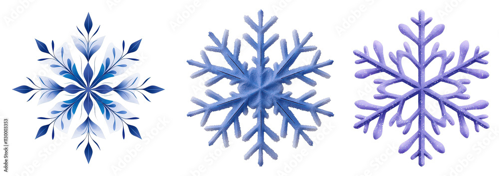 Three unique snowflake designs showcasing intricate patterns and varying shades of blue. Three unique snowflake designs showcasing intricate patterns and varying shades of blue.
