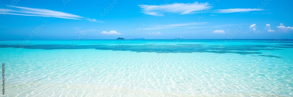 Obraz premium Pristine white sands and crystal clear turquoise waters under a clear blue sky on a secluded tropical beach, relaxation, getaway