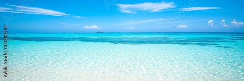 Pristine white sands and crystal clear turquoise waters under a clear blue sky on a secluded tropical beach, relaxation, getaway photo