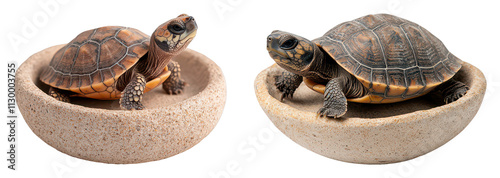 Two turtles resting in textured bowls showcasing their detailed shells and natural colors.