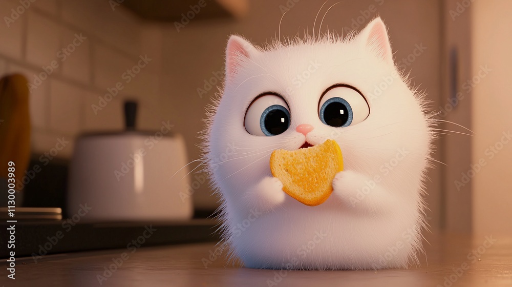 Fototapeta premium Adorable fluffy white kitten eating a heart-shaped treat in kitchen.