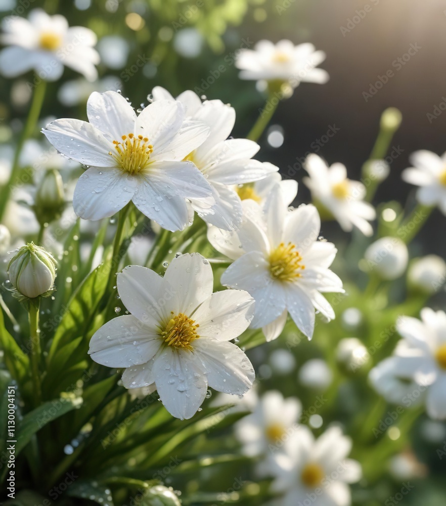 Fototapeta premium Fresh white flowers with dewdrops in morning light, dewy blossoms, dew-covered petals