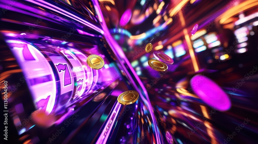 A vibrant close-up shot of a modern slot machine in a luxurious casino, coins flying mid-air with dynamic motion blur, neon lights reflecting off the polished surfaces