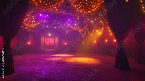 48.Mystical circus scene with luxurious purple curtains, a soft orange lighting filling the stage, setting an enchanting and slightly surreal tone, ready for a lively and engaging performance. photo