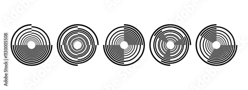 Black radial spiral pattern set. Circular rotating speed line form collection. Spinning circle sound wave bundle. Abstract music waveform element pack for icon, badge, logo, tag, label. Vector