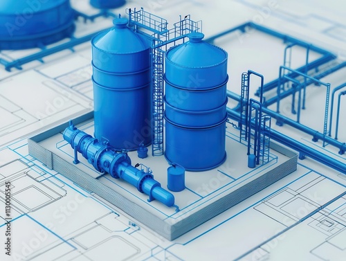 Detailed civil engineering blueprint of a water treatment plant, minimalist design, ecofocused layout, grayscale professional draft photo