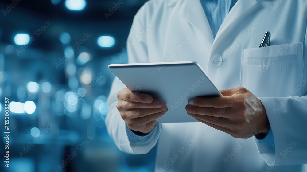 close up of professional in white lab coat holding tablet in modern laboratory close up of professional in white lab coat holding tablet in modern laboratory