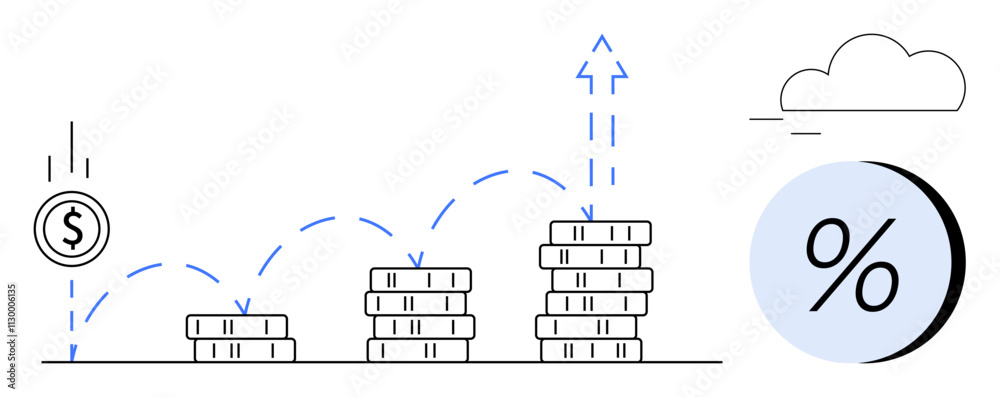 Obraz premium Coin bouncing on stacked coins with arrows indicating growth, rising percentages, and a cloud. Ideal for finance, investment strategies, economic growth, profitability analysis, savings plans