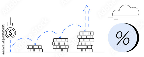 Coin bouncing on stacked coins with arrows indicating growth, rising percentages, and a cloud. Ideal for finance, investment strategies, economic growth, profitability analysis, savings plans