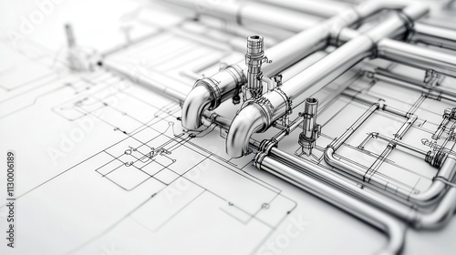 Detailed blueprint of a minimalist urban sewage system, clean and technical rendering, ecofriendly design, monochrome schematic photo