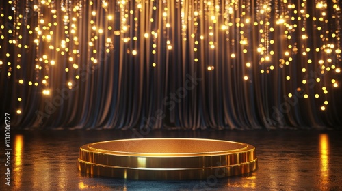 116.Luxurious golden podium with a glossy finish, standing in front of draped, deep-toned curtains accented with sparkling lights, creating a grand setting for prestigious events and award ceremonies.