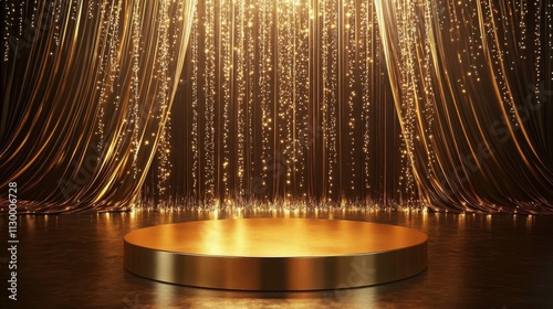 116.Luxurious golden podium with a glossy finish, standing in front of draped, deep-toned curtains accented with sparkling lights, creating a grand setting for prestigious events and award ceremonies.