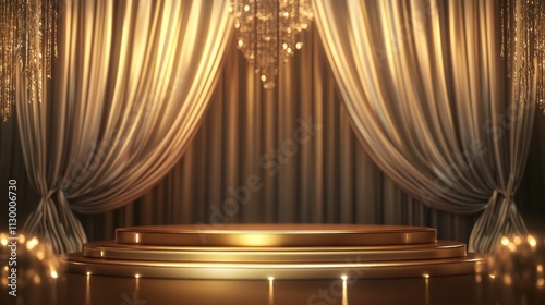 116.Luxurious golden podium with a glossy finish, standing in front of draped, deep-toned curtains accented with sparkling lights, creating a grand setting for prestigious events and award ceremonies.