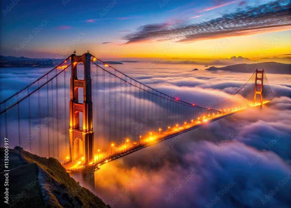 Obraz premium San Francisco's Golden Gate Bridge cloaked in twilight fog, a breathtaking aerial view.