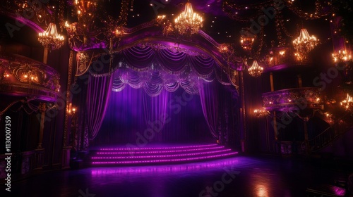 83.A luxurious purple-themed stage with a bold purple light-up edge, various illuminated set pieces, and a lush purple curtain, creating an elegant, show-stopping ambiance perfect for a grand photo