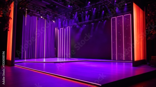 75.Modern stage design with a vibrant purple light-up edge framing the space, illuminated set pieces on display, and a rich purple curtain creating a bold, eye-catching backdrop for performances. photo