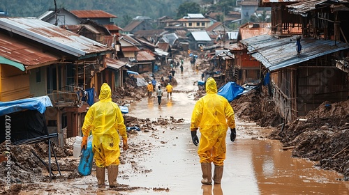 Volunteers with protective gear clearing landslides and mud from blocked roads Stock Photo with side copy space photo