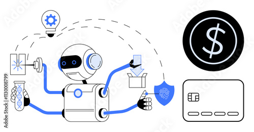 Robot multitasking with lab test tube, light bulb, and document near financial dollar icon and credit card. Ideal for fintech, security, AI, research, technology automation innovation. Line