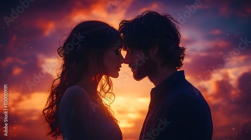 Silhouette of a young couple kissing against a sunset sky, a man holding a woman in his arms, a romantic love concept, a man with short hair and beard, a girl has curly long brown hair,


 photo