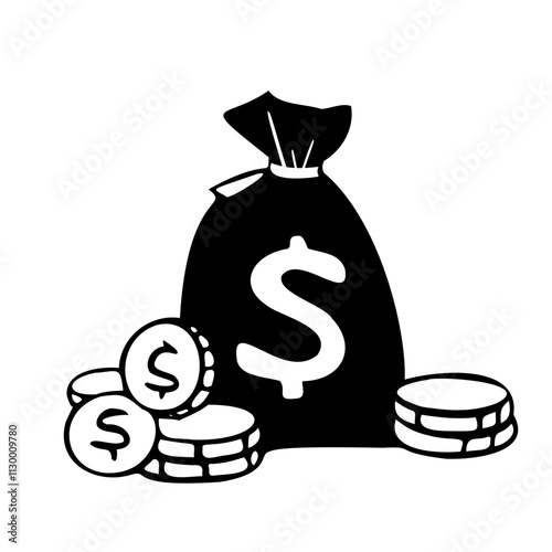 Bag of money with coins laying around