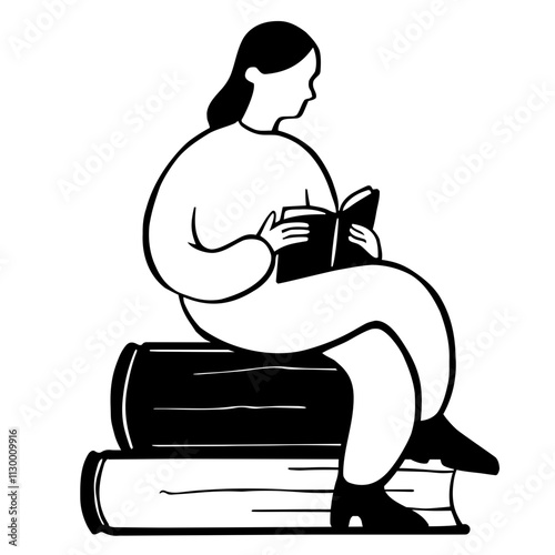 Woman reading a book sitting on a stack of books