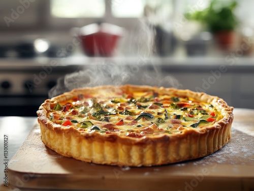 A freshly baked vegetable quiche, steaming and placed on a wooden board in a kitchen setting.