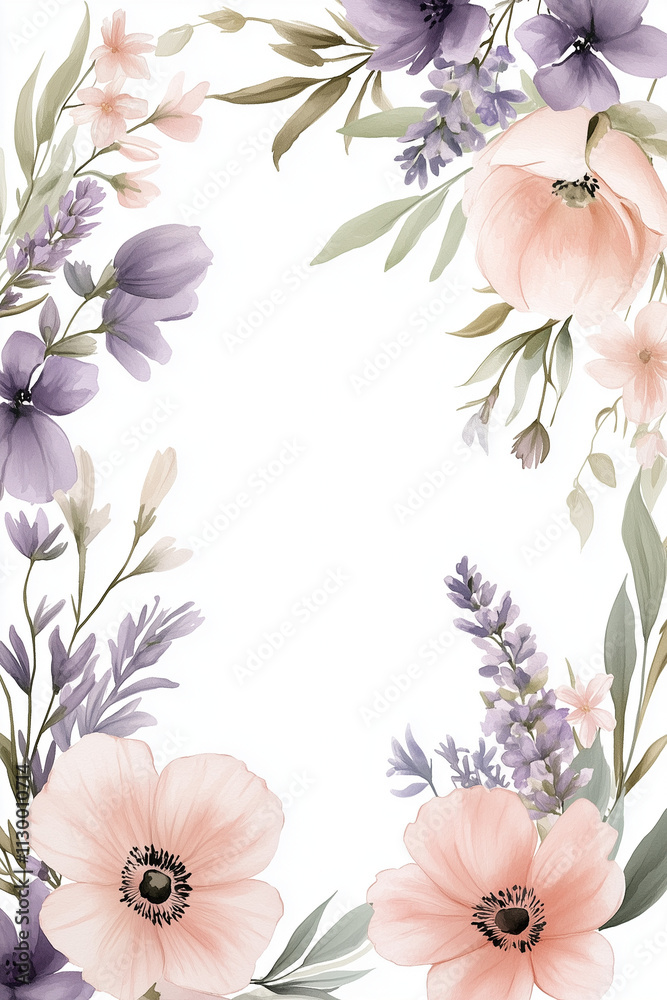 Obraz premium Watercolor floral invitation card with soft, pastel-colored flowers.
