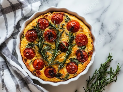 A baked frittata with tomatoes and herbs, served in a white dish on a marble surface.