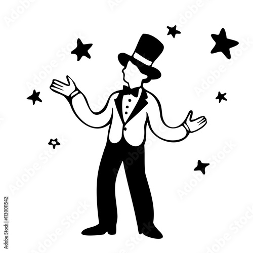 Magician in top hat surrounded by stars