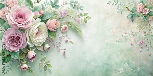 Elegant Pastel Roses and Delicate Greenery on a Soft Mint Background