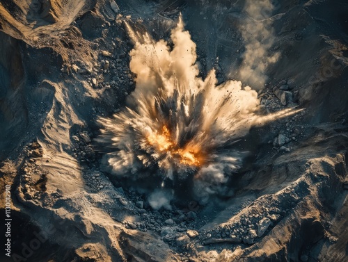 Aerial View of Quarry Blasting Explosion Dust, Rocks, and Fire