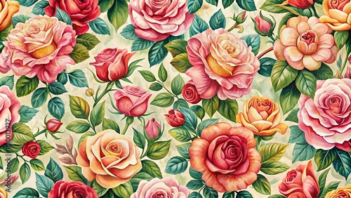 A Vibrant and Detailed Watercolor Painting of Roses in Full Bloom, Featuring a Lush Array of Colors and Petals, Ideal for Fabric Prints or Decorative Applications