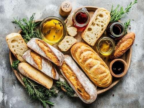 A wooden platter featuring various breads, oils, and herbs for a culinary presentation.