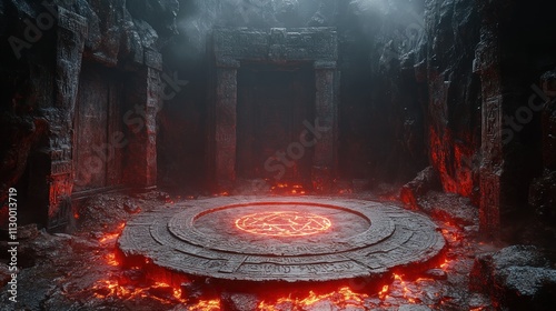 Dark ritual chamber with pentagram on glowing stone platform. photo