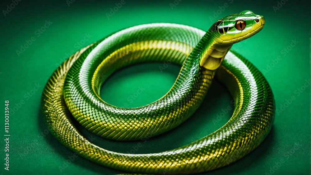 Fototapeta premium A golden and green snake coiled on a green velvet background