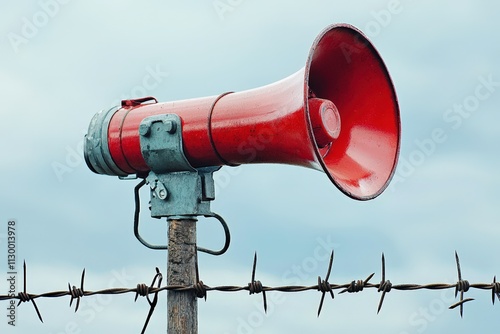 A conceptual illustration of a megaphone entangled in barbed wire, symbolizing the suppression of press freedom and the challenges faced by journalism.  .