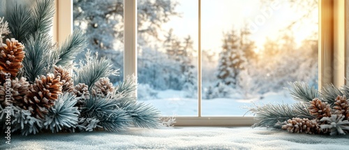 Festive Christmas Window Display | Pine Cones and Decorations photo