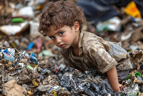 A poignant scene of a poor child rummaging through a garbage dumpster, searching for recyclable materials, symbolizing poverty and the harsh realities of survival.  . photo