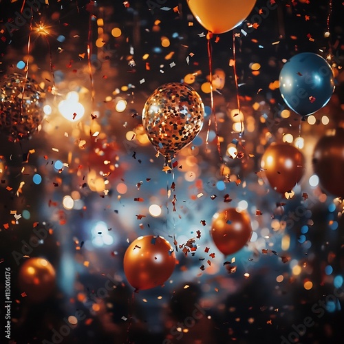 Vibrant New Year s Eve with Cascading Confetti and Shimmering Balloons photo