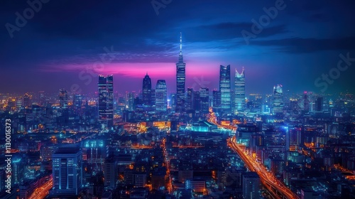 Wallpaper Mural Futuristic Aerial View of Cyberpunk City Skyline at Night with Vibrant Neon Lights and Modern Architecture Torontodigital.ca