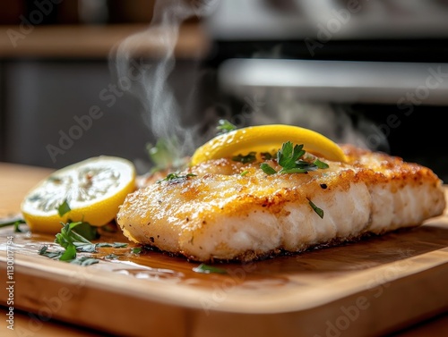 A beautifully cooked fish fillet garnished with lemon and herbs, served on a wooden board.