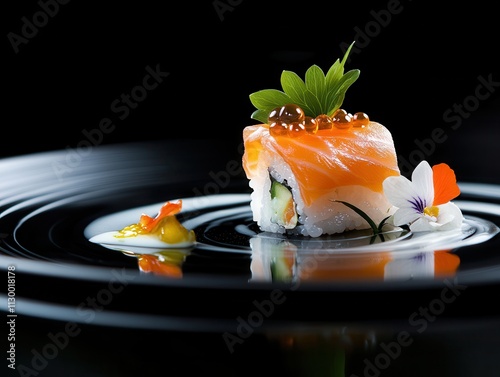A beautifully presented sushi roll topped with salmon and garnished with herbs and flowers.