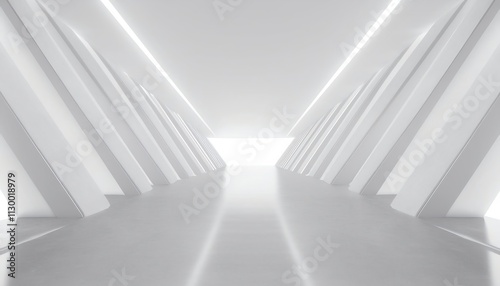 A minimalistic, white corridor with angular pillars and soft lighting creates a futuristic and serene atmosphere.